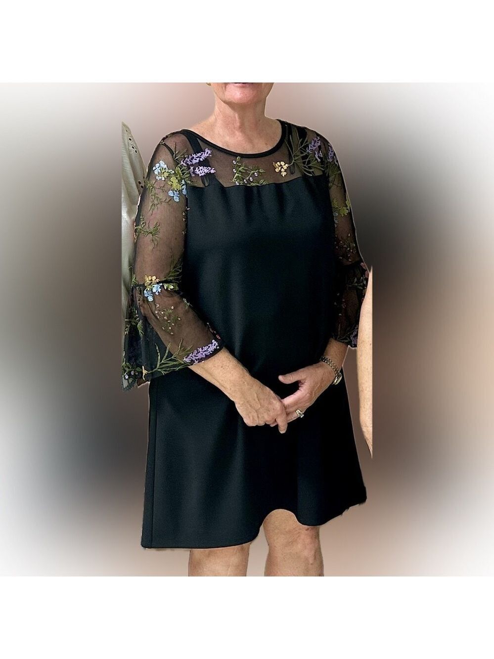 AGB Black Dress Colorful Floral Embroidery on bodice & 3/4 length bell sleeves